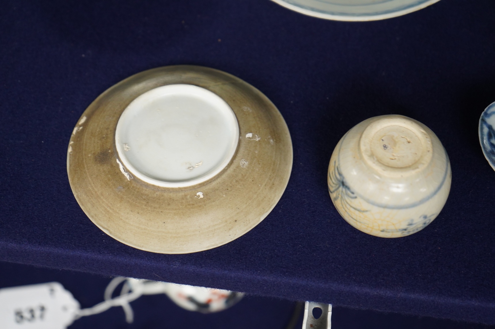 A group of Chinese and Annamese blue and white shipwreck ceramics, 16th–19th century together with a Ming style blue and white censer, largest- 12.5cm wide